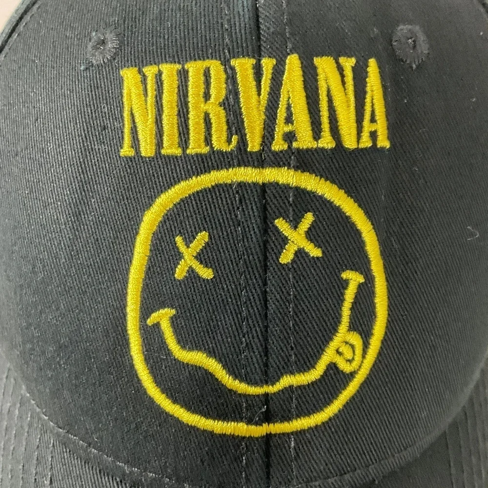 Nirvana Black Baseball Hat Embroidered Yellow Smile Face Logo Adjustable Cap